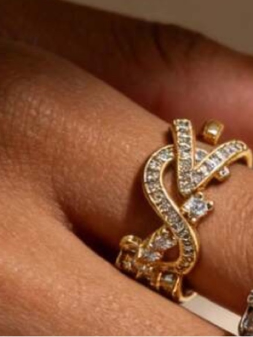 Gold Pavé Lettered Crystal Rhinestone Ring /OS - Picture 2 of 4